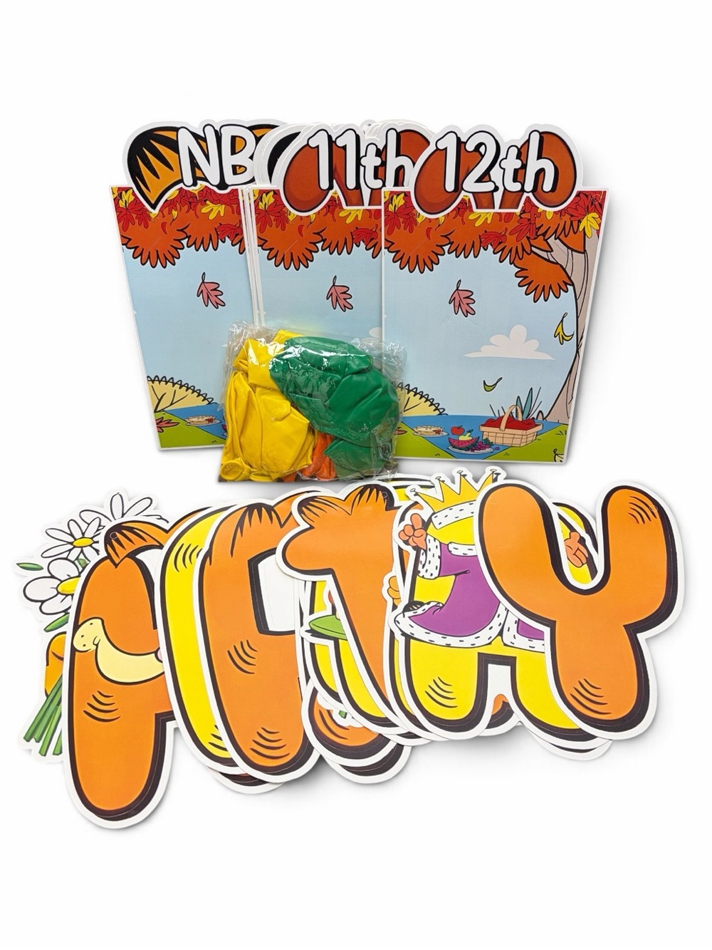 Fall Party Garfield Kit with Orange Letter Banners and Yellow & Green Balloon